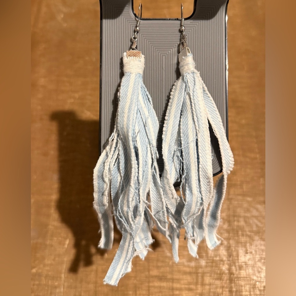Sustainable Cottagecore Earrings | Long White and Light Blue Denim Tassels